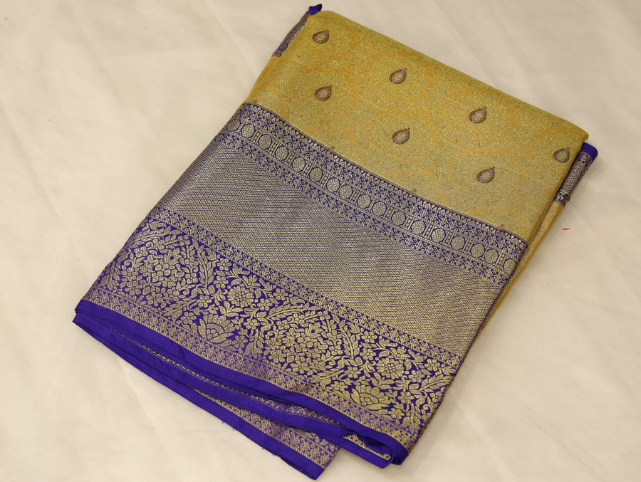 Mustard Yellow Kanchipuram Inspired Semi Silk Saree with Wide Wide Contrast Border