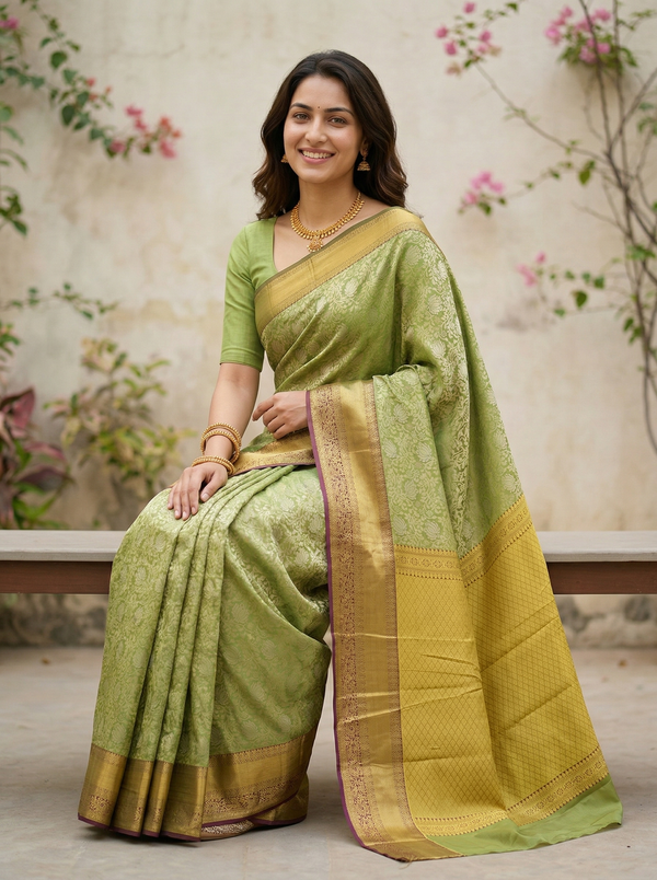 Sage Green Kanchipuram Inspired Semi Silk Saree with Wide Medium Contrast Border