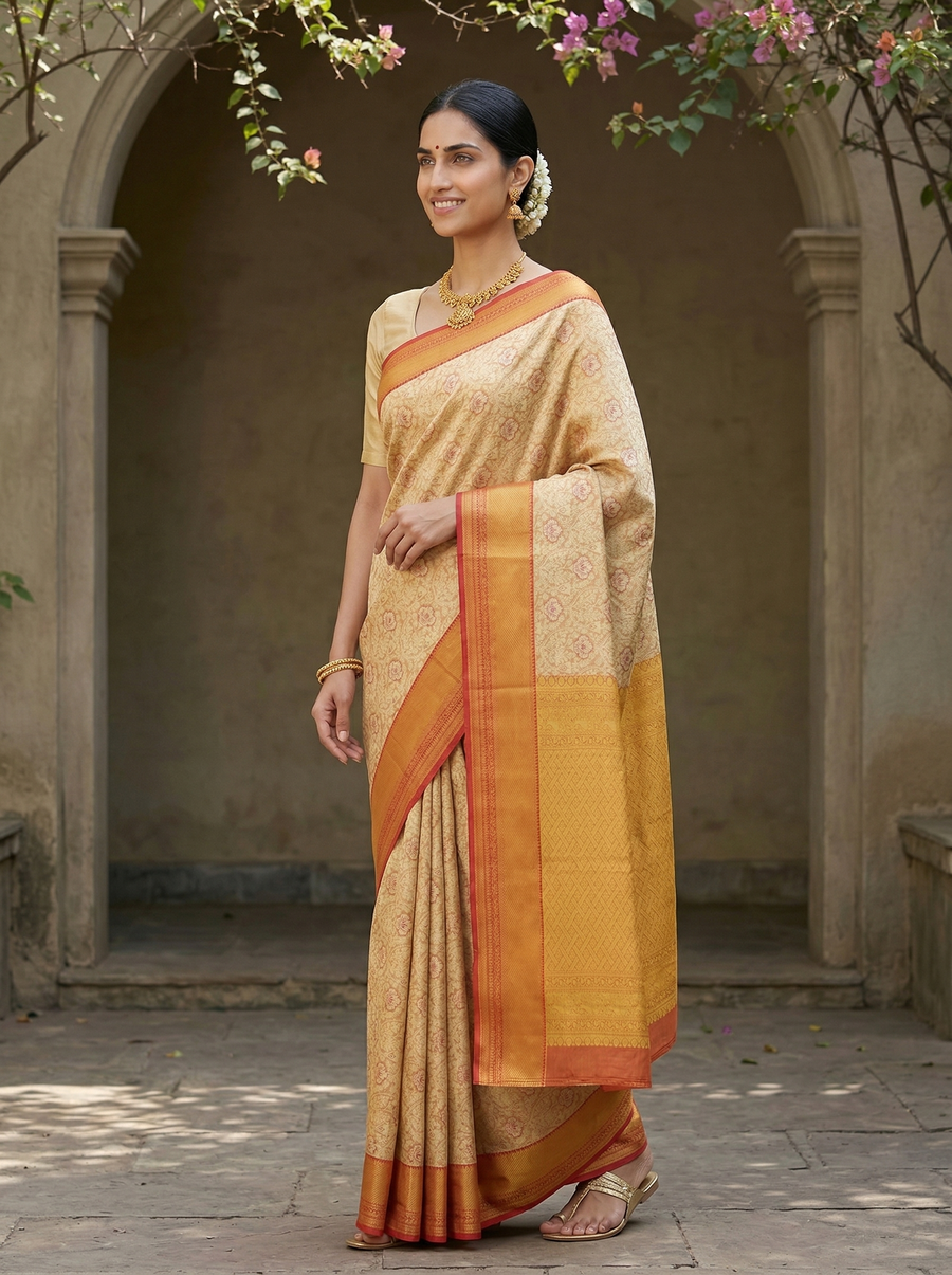 Sunset Gold Dharmavaram Inspired Semi Silk Saree with Medium Medium Contrast Border