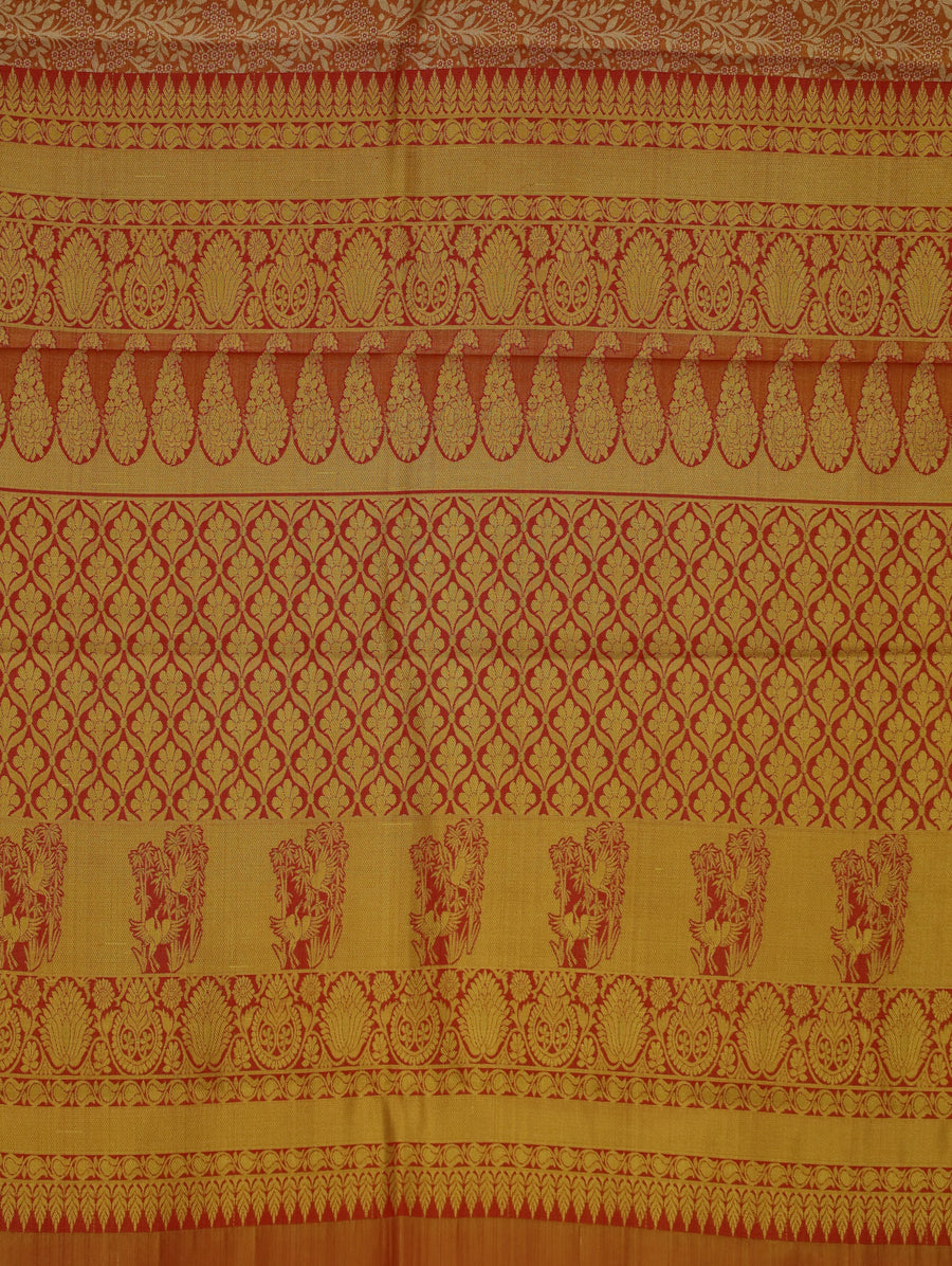 Burnt Orange Kanchipuram Inspired Semi Silk Saree with Wide Wide Contrast Border