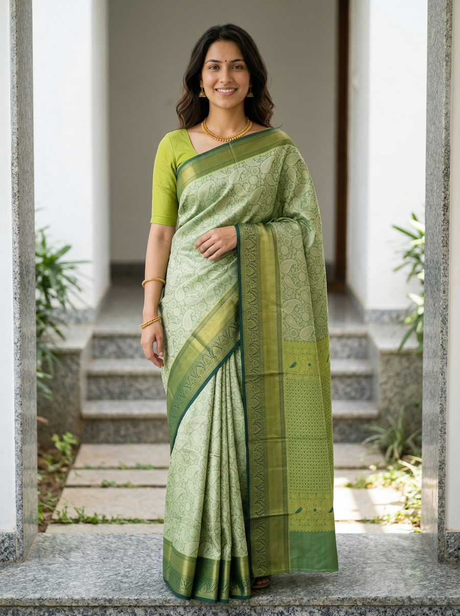 Olive Green Uppada Inspired Semi Silk Saree with Medium Medium Contrast Border