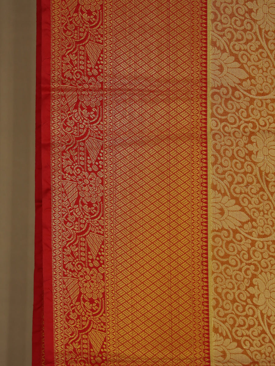 Burnt Orange Kanchipuram Inspired Semi Silk Saree with Medium Medium Contrast Border
