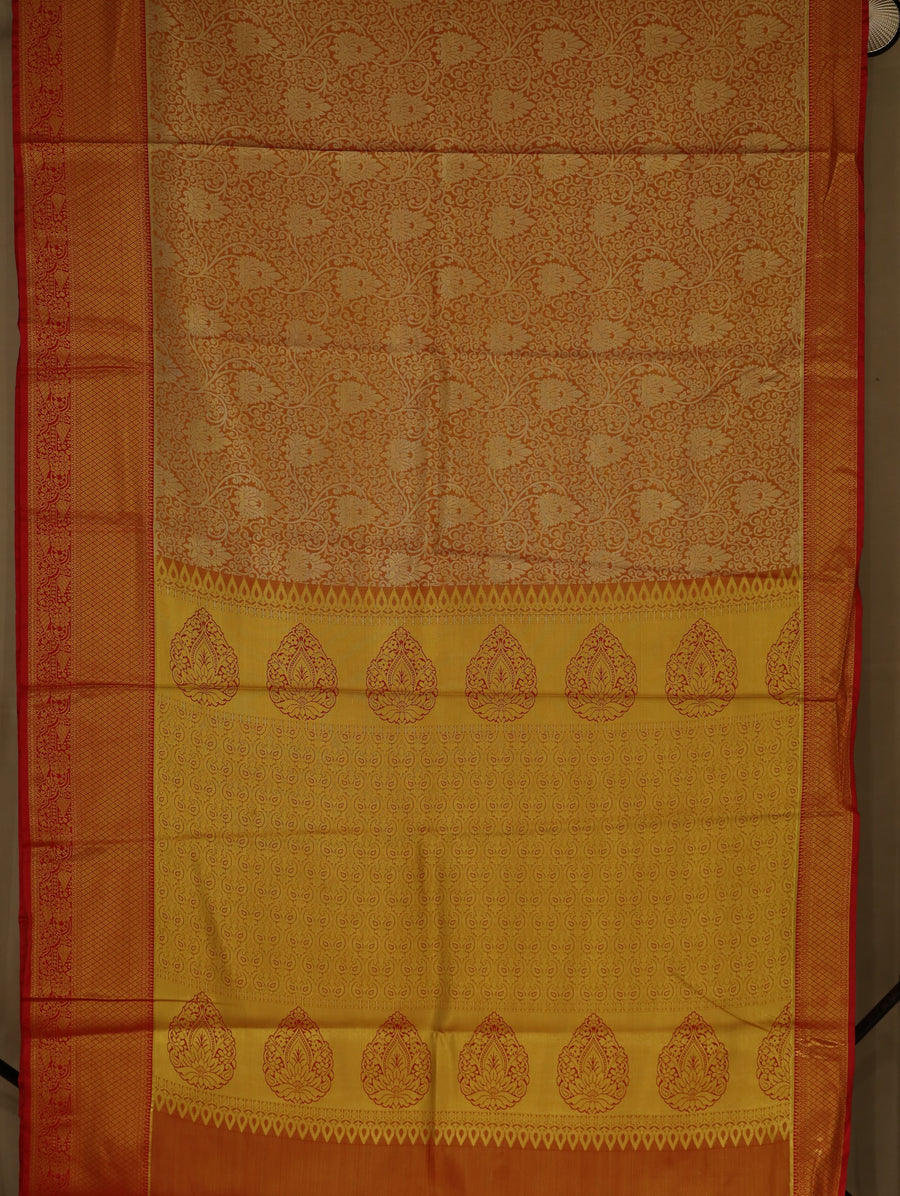 Burnt Orange Kanchipuram Inspired Semi Silk Saree with Medium Medium Contrast Border