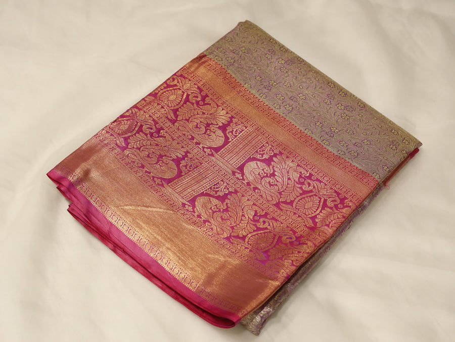 Champagne Gold Kanchipuram Inspired Semi Silk Saree with Wide Wide Contrast Border