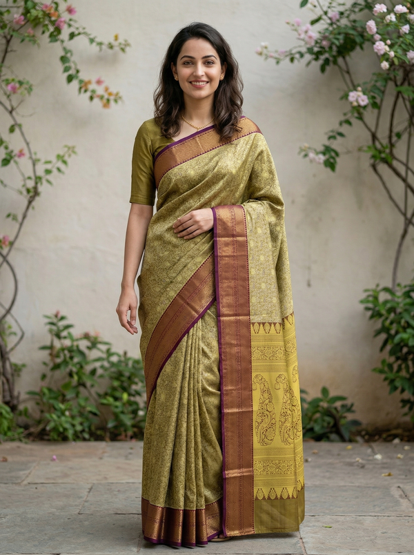 Olive Green Dharmavaram Inspired Semi Silk Saree with Wide Wide Contrast Border