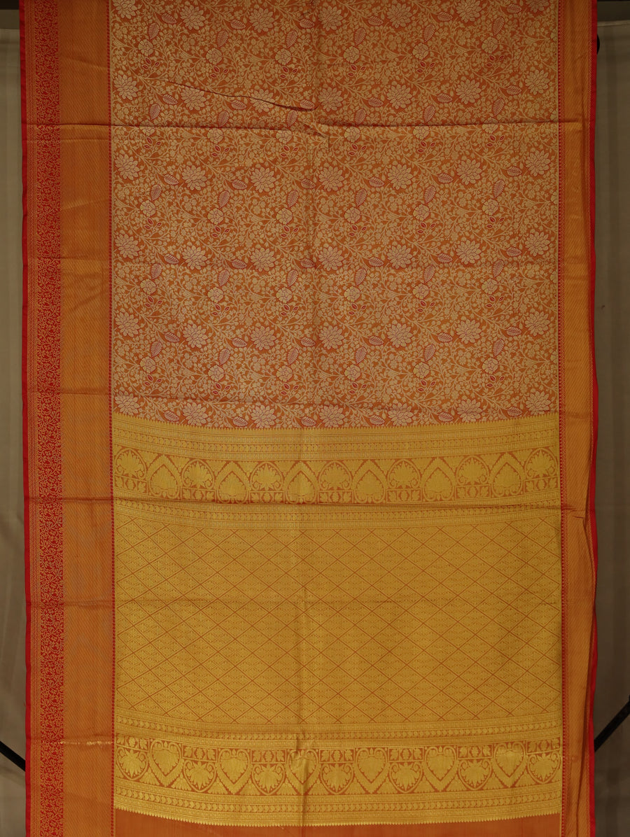 Burnt Orange Dharmavaram Inspired Semi Silk Saree with Wide Wide Contrast Border