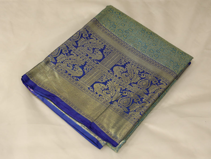 Sage Green Mysore Inspired Semi Silk Saree with Medium Medium Contrast Border