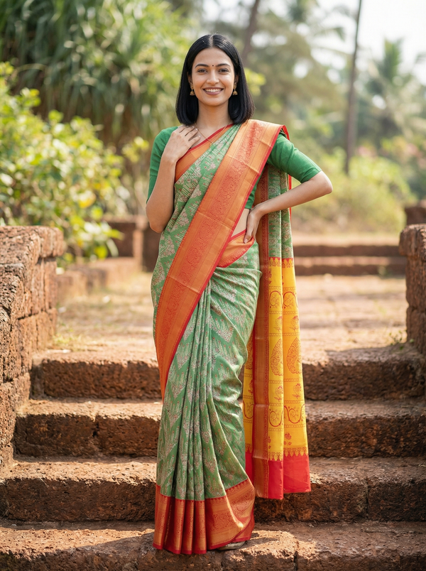Sage Green Kanchipuram Inspired Semi Silk Saree with Wide Wide Contrast Border