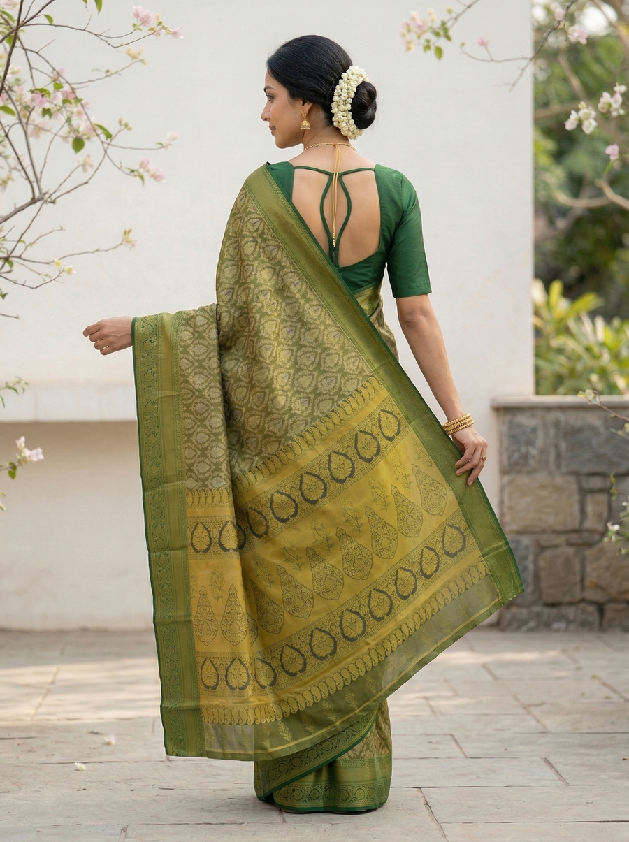 Olive Green Dharmavaram Inspired Semi Silk Saree with Wide Wide Self Border