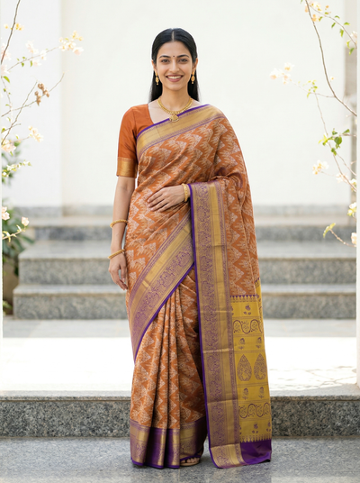 Burnt Orange Gadwal Inspired Semi Silk Saree with Medium Medium Contrast Border