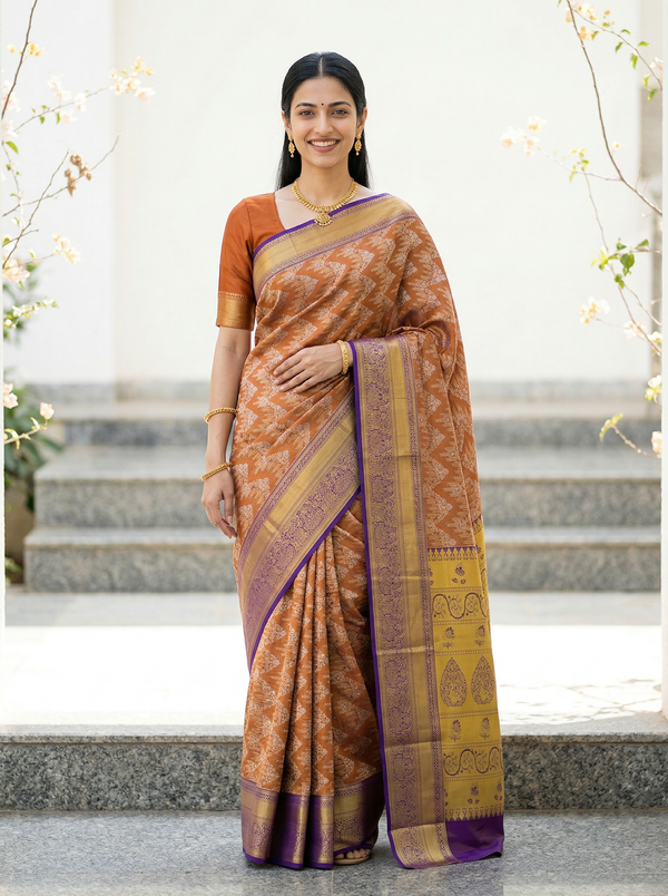 Burnt Orange Gadwal Inspired Semi Silk Saree with Medium Medium Contrast Border