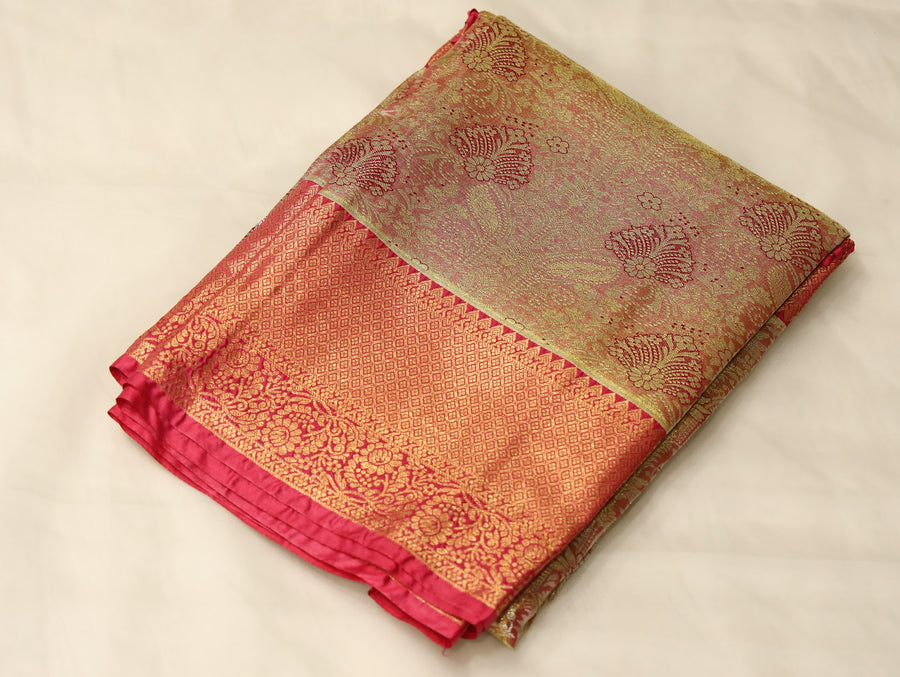 Sunset Gold Kanchipuram Inspired Semi Silk Saree with Wide Wide Contrast Border