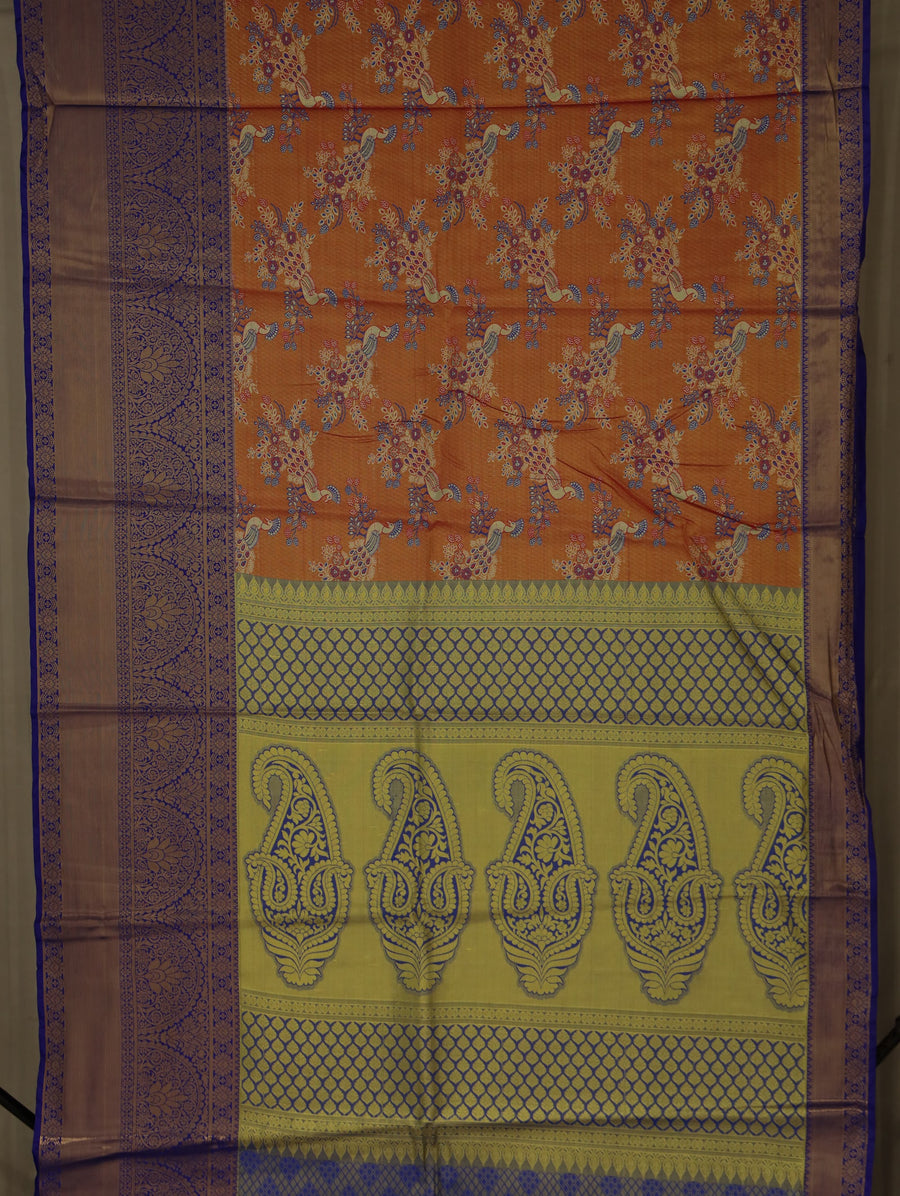 Burnt Orange Kanchipuram Inspired Semi Silk Saree with Wide Wide Contrast Border