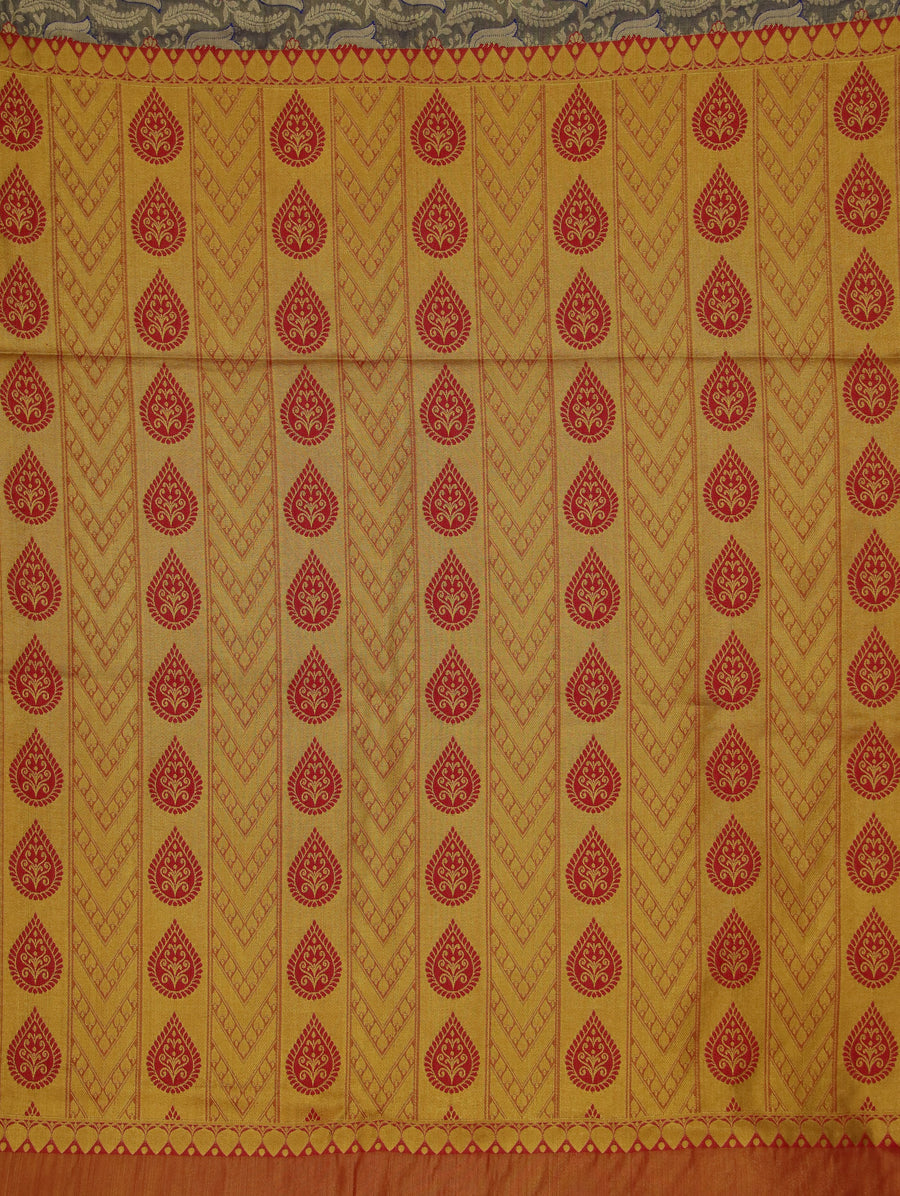 Saffron Yellow Kanchipuram Inspired Semi Silk Saree with Medium Medium Contrast Border