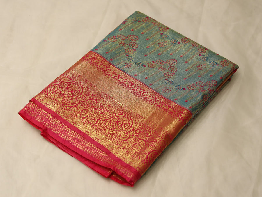 Sage Green Kanchipuram Inspired Semi Silk Saree with Wide Wide Contrast Border