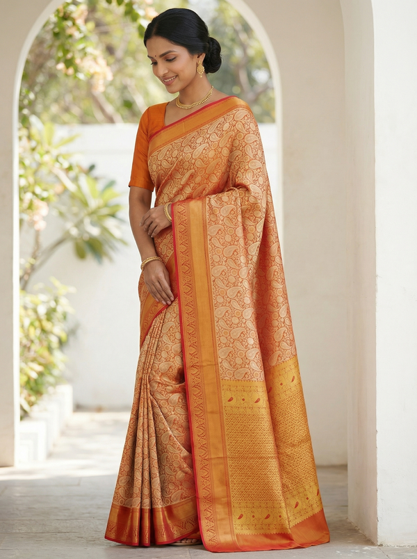 Burnt Orange Dharmavaram Inspired Semi Silk Saree with Wide Wide Contrast Border