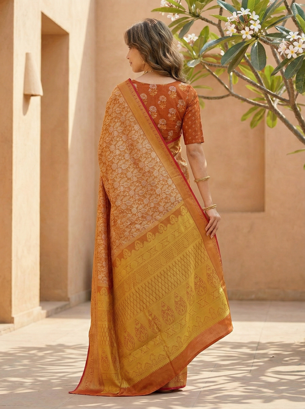 Burnt Orange Dharmavaram Inspired Semi Silk Saree with Wide Wide Contrast Border