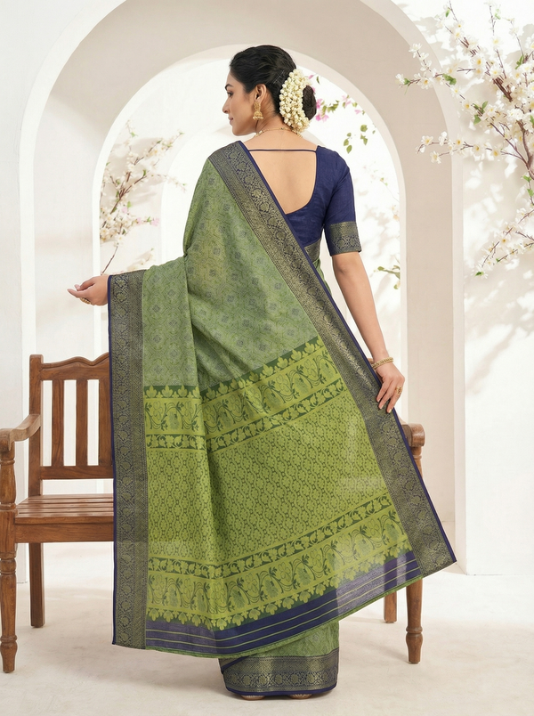 Olive Green Gadwal Inspired Semi Silk Saree with Medium Medium Contrast Border