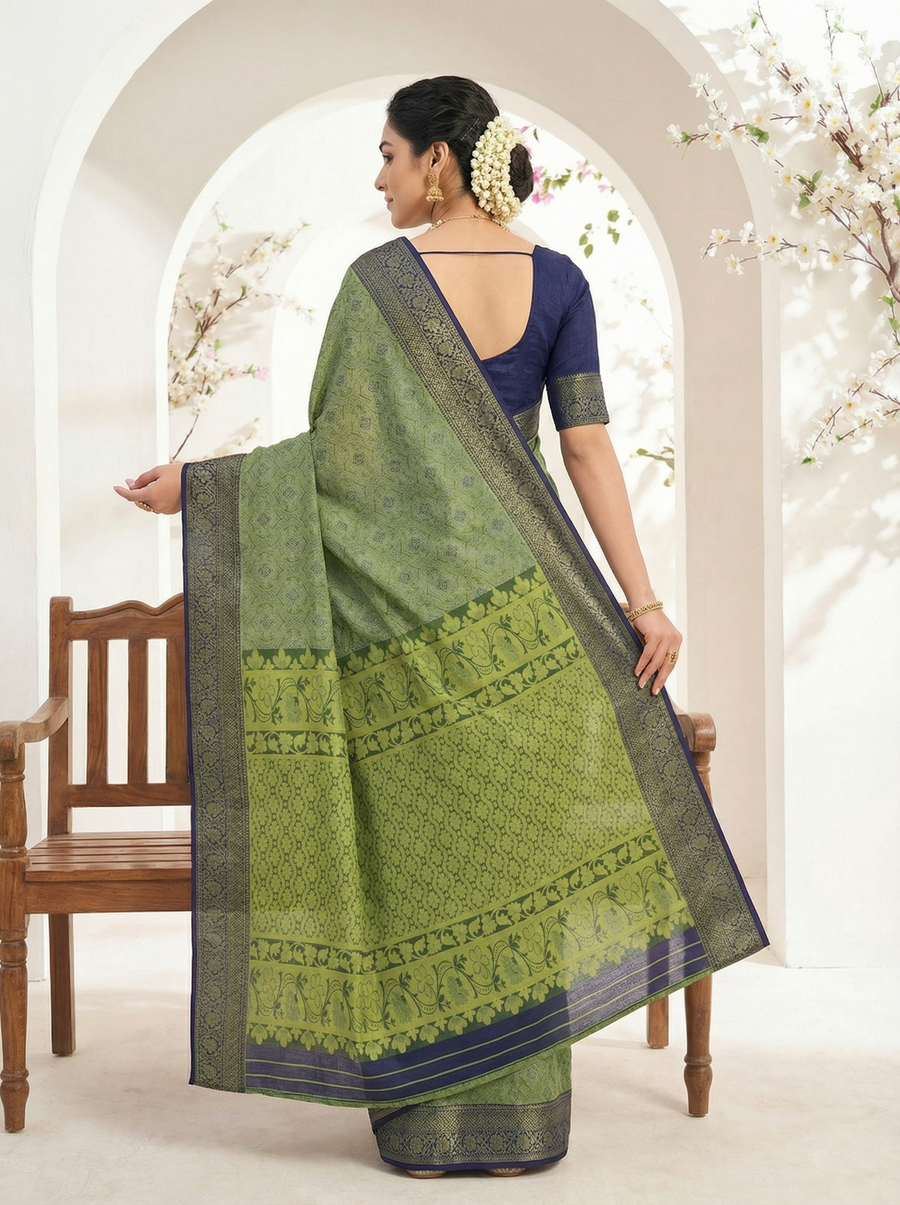 Sage Green Kanchipuram Inspired Semi Silk Saree with Wide Wide Contrast Border