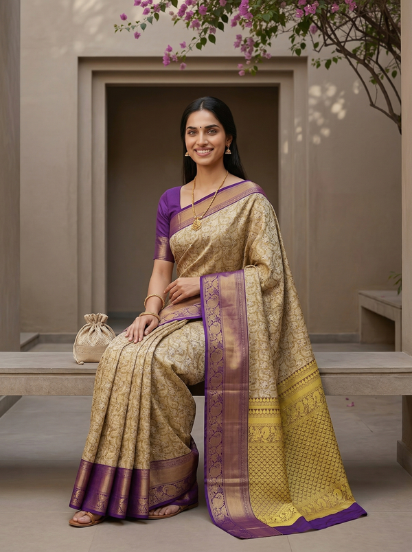 Champagne Gold Kanchipuram Inspired Semi Silk Saree with Wide Wide Contrast Border
