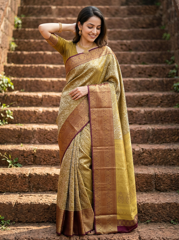 Moss Green Kanchipuram Inspired Semi Silk Saree with Wide Wide Contrast Border