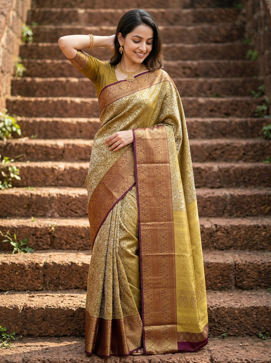 Moss Green Kanchipuram Inspired Semi Silk Saree with Wide Wide Contrast Border