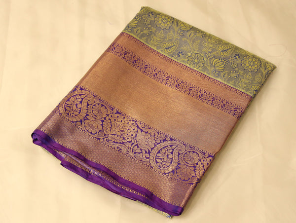 Champagne Gold Kanchipuram Inspired Semi Silk Saree with Wide Wide Contrast Border