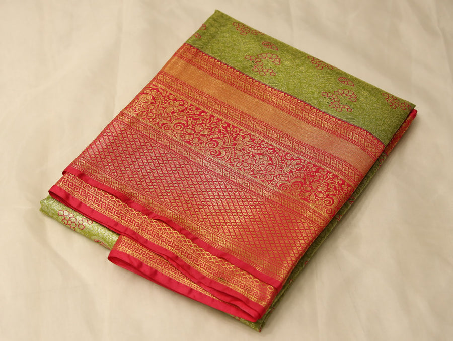Sage Green Kanchipuram Inspired Semi Silk Saree with Wide Wide Contrast Border