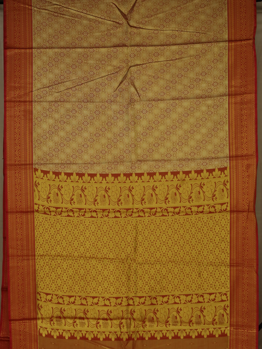 Champagne Gold Kanchipuram Inspired Semi Silk Saree with Wide Wide Contrast Border