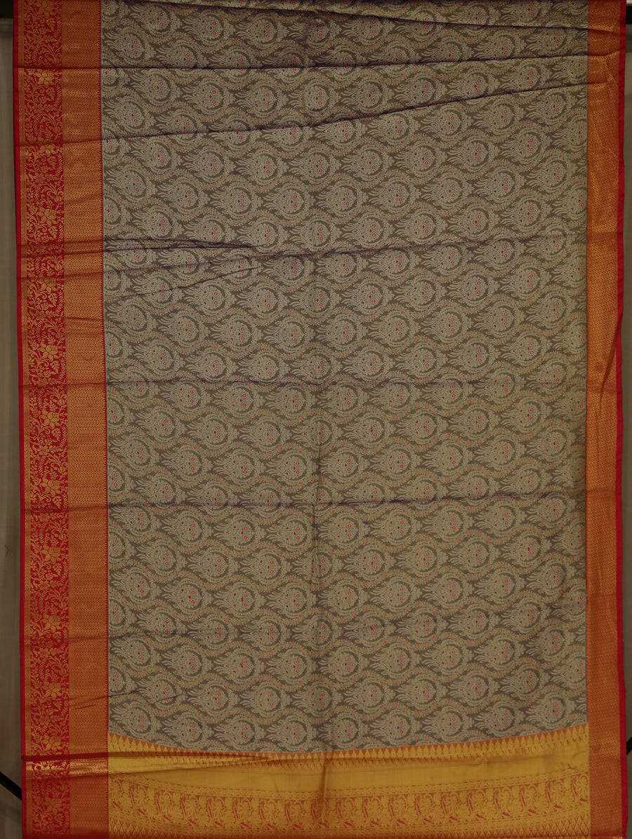 Steel Gray Kanchipuram Inspired Semi Silk Saree with Medium Medium Contrast Border