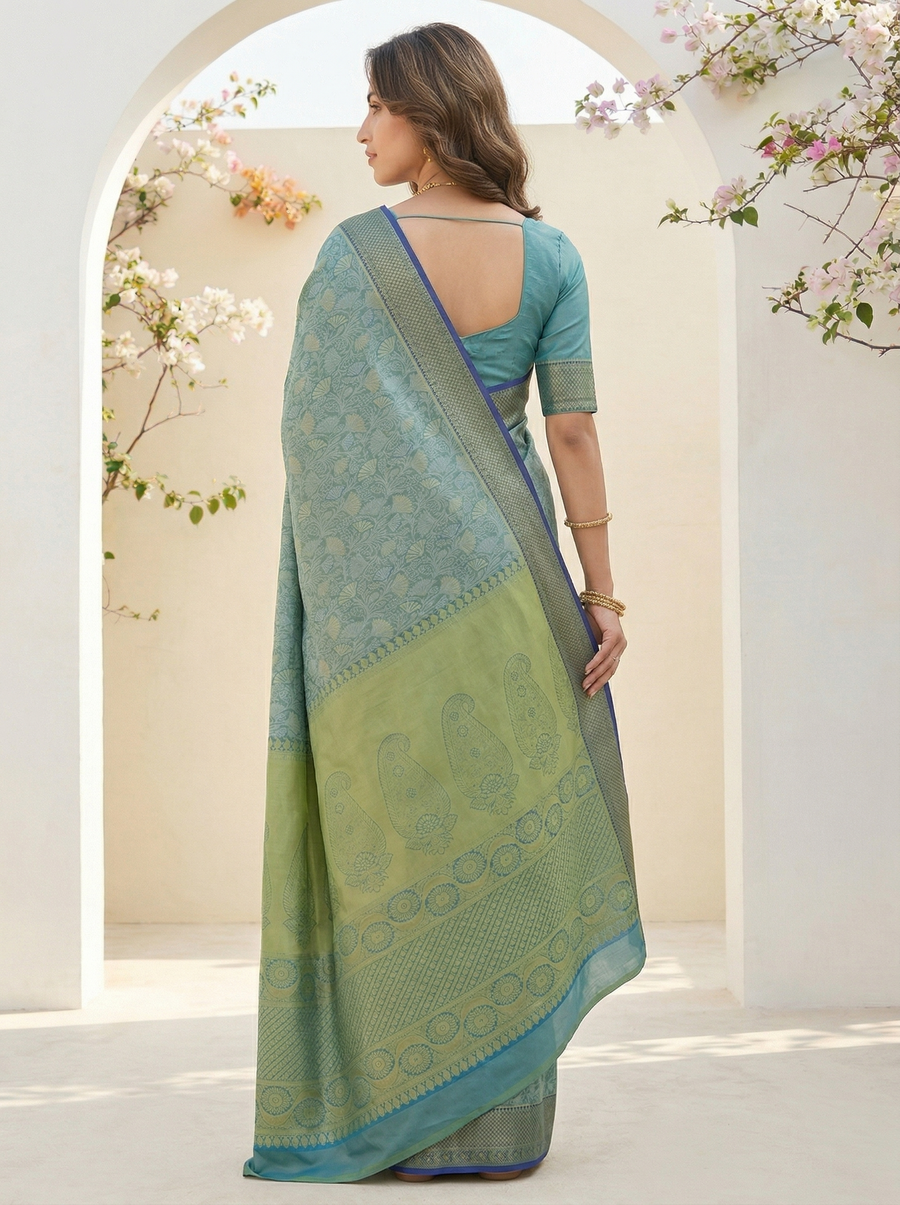 Sage Green Dharmavaram Inspired Semi Silk Saree with Medium Medium Contrast Border