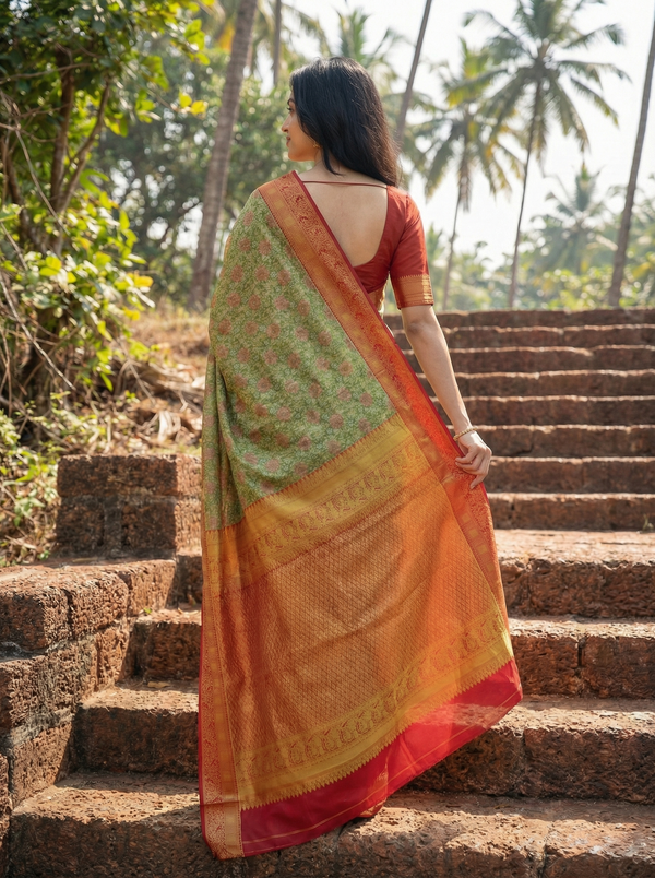 Sage Green Kanchipuram Inspired Semi Silk Saree with Medium Medium Contrast Border