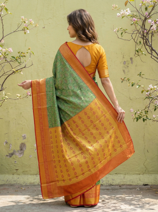 Olive Green Dharmavaram Inspired Semi Silk Saree with Wide Wide Contrast Border
