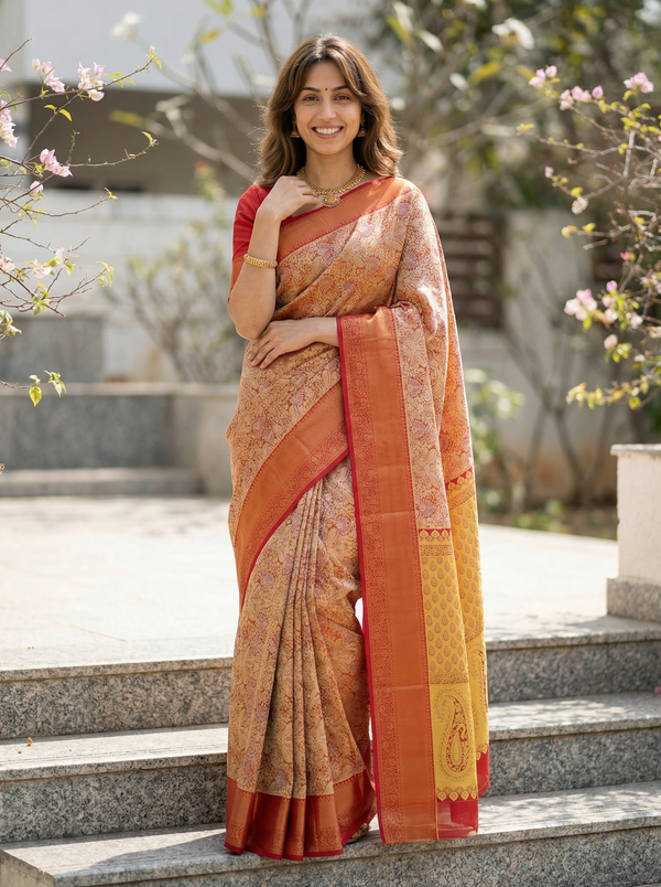 Sunset Gold Kanchipuram Inspired Semi Silk Saree with Wide Wide Contrast Border