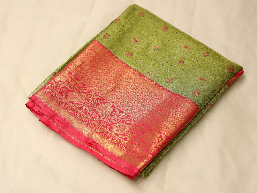 Sage Green Kanchipuram Inspired Semi Silk Saree with Wide Wide Contrast Border