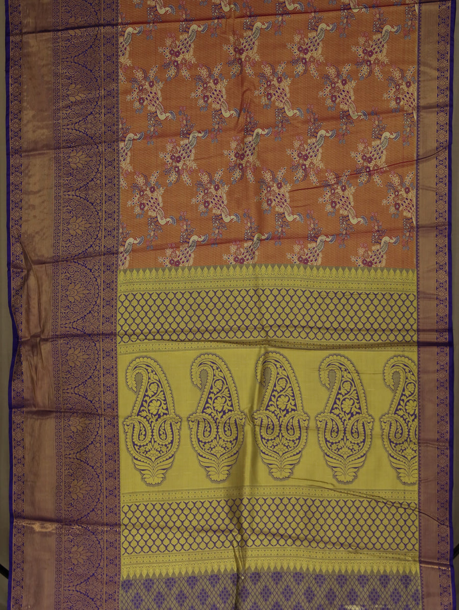 Burnt Orange Kanchipuram Inspired Semi Silk Saree with Wide Wide Contrast Border