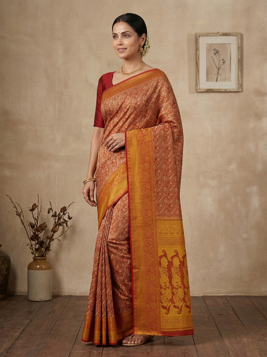 Burnt Orange Dharmavaram Inspired Semi Silk Saree with Wide Wide Contrast Border