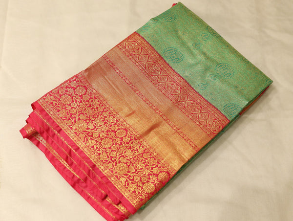 Sage Green Kanchipuram Inspired Semi Silk Saree with Wide Wide Contrast Border