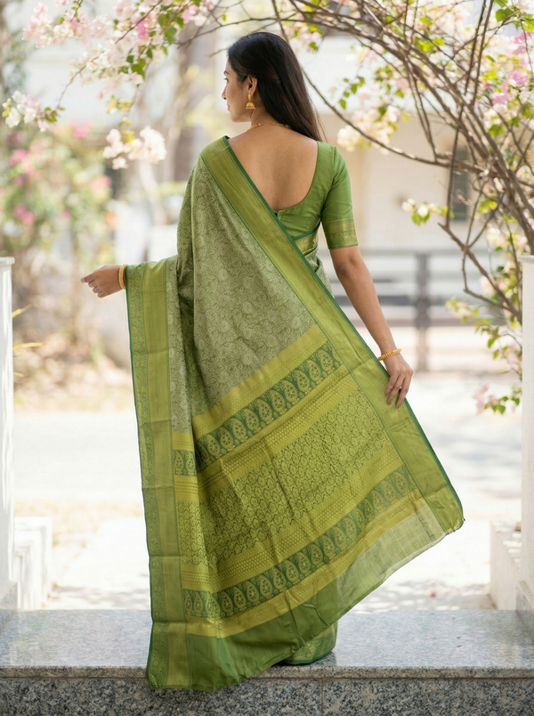 Olive Green Kanchipuram Inspired Semi Silk Saree with Wide Wide Self Border