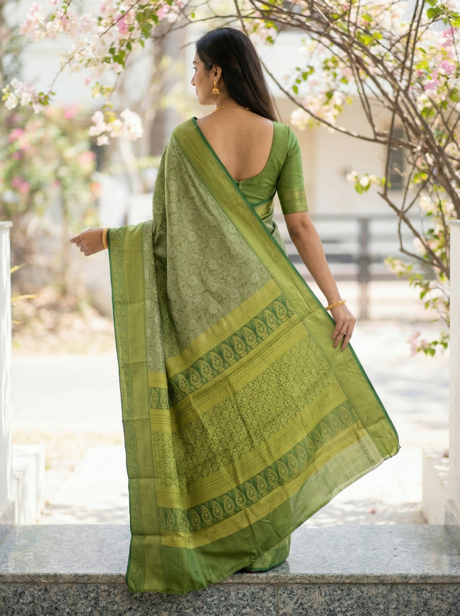 Olive Green Kanchipuram Inspired Semi Silk Saree with Wide Wide Self Border