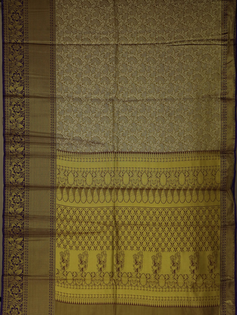 Champagne Gold Kanchipuram Inspired Semi Silk Saree with Wide Wide Contrast Border