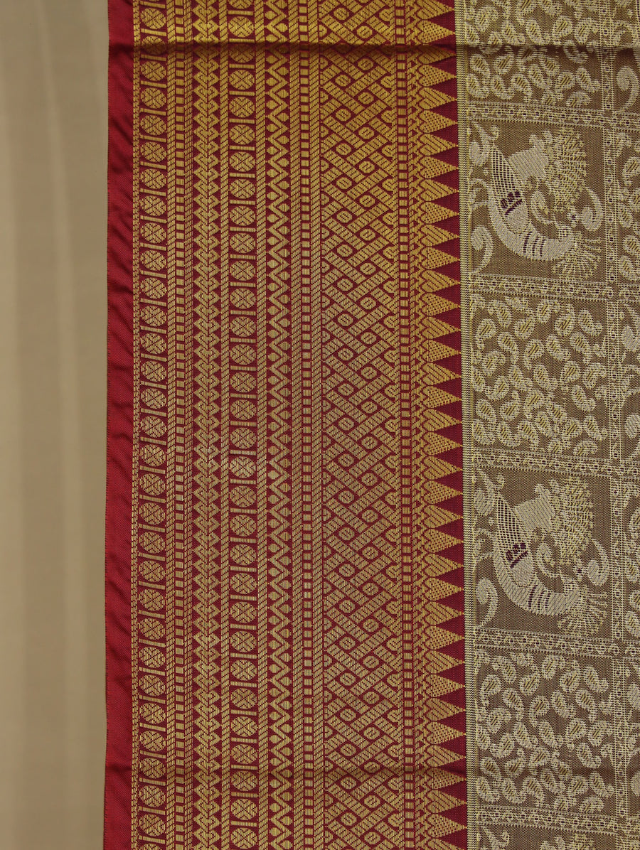 Champagne Gold Kanchipuram Inspired Semi Silk Saree with Wide Wide Contrast Border