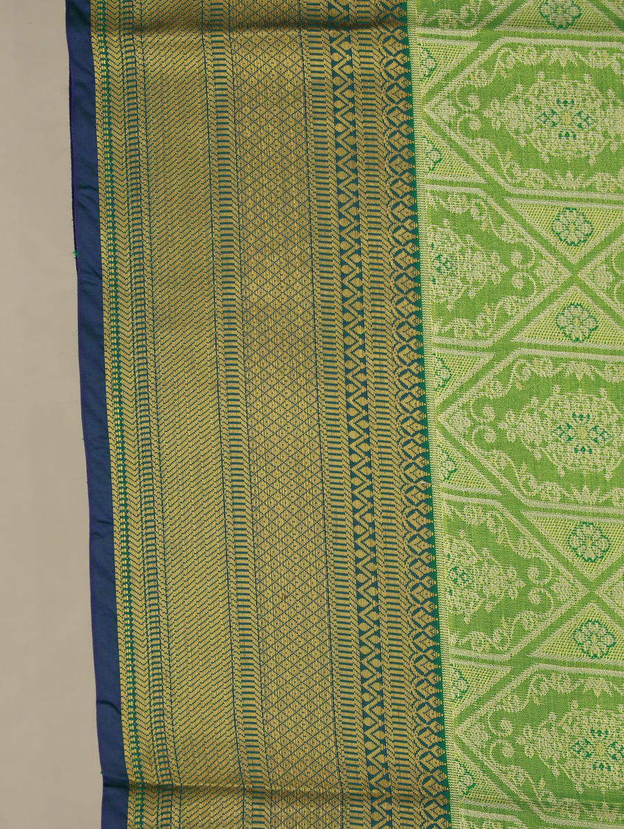 Spring Leaf Green Kanchipuram Inspired Semi Silk Saree with Wide Wide Contrast Border