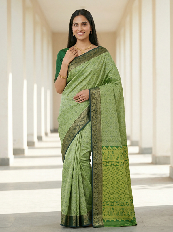 Sage Green Kanchipuram Inspired Semi Silk Saree with Medium Medium Contrast Border