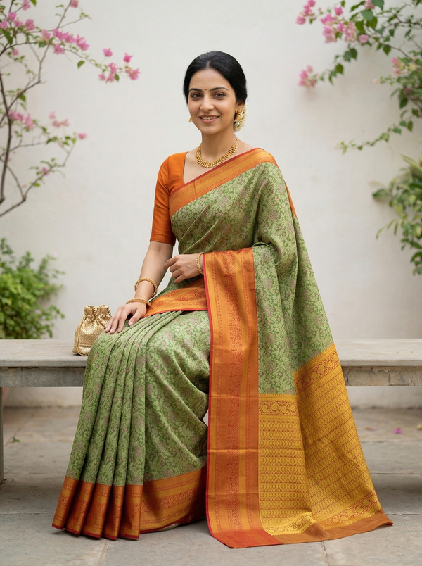 Sage Green Kanchipuram Inspired Semi Silk Saree with Wide Wide Contrast Border
