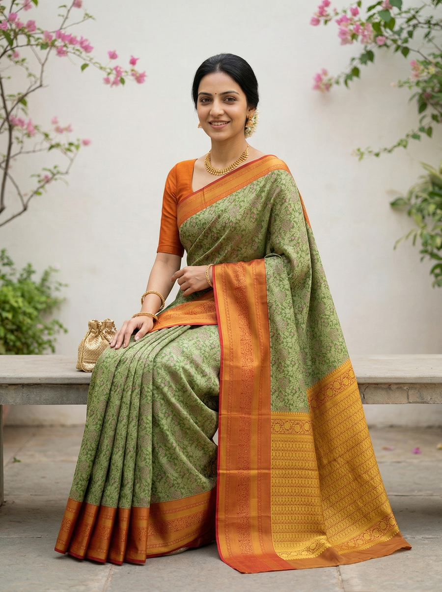 Sage Green Kanchipuram Inspired Semi Silk Saree with Wide Wide Contrast Border