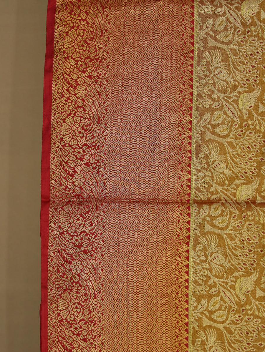 Champagne Gold Kanchipuram Inspired Semi Silk Saree with Wide Wide Contrast Border