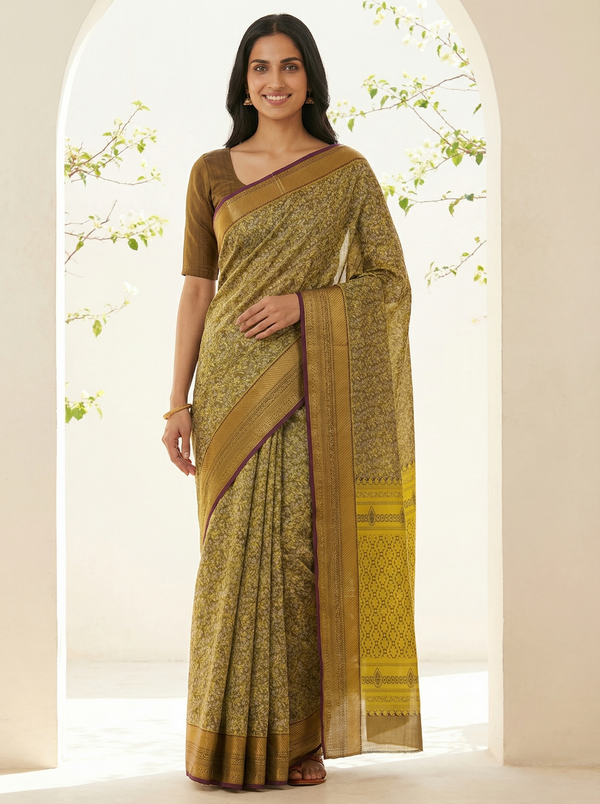 Olive Green Gadwal Inspired Semi Silk Saree with Wide Wide Contrast Border