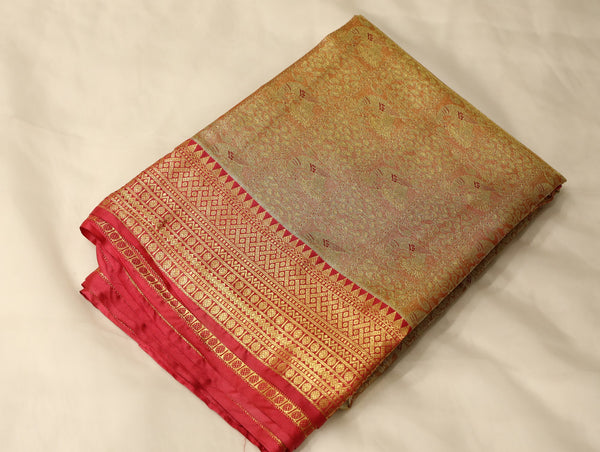Champagne Gold Kanchipuram Inspired Semi Silk Saree with Medium Medium Contrast Border