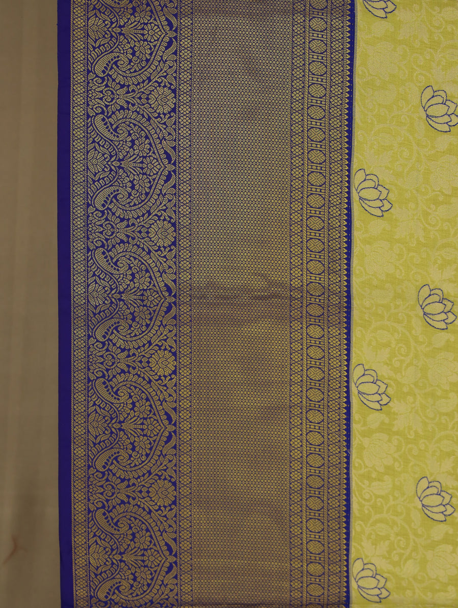 Golden Chartreuse Kanchipuram Inspired Semi Silk Saree with Wide Wide Contrast Border